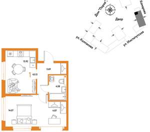 1-к квартира, вторичка, 43м2, 9/6 этаж