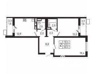 2-к квартира, вторичка, 66м2, 2/9 этаж