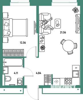 2-к квартира, строящийся дом, 43м2, 22/25 этаж