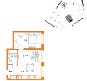 1-к квартира, вторичка, 45м2, 18/6 этаж