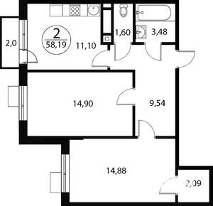 2-к квартира, вторичка, 58м2, 1/4 этаж