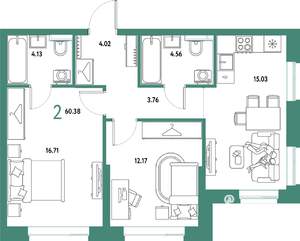 2-к квартира, строящийся дом, 60м2, 14/25 этаж