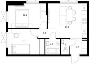 2-к квартира, вторичка, 52м2, 16/24 этаж