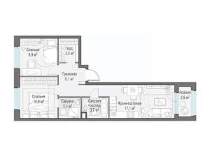 2-к квартира, строящийся дом, 54м2, 22/23 этаж
