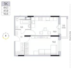 1-к квартира, строящийся дом, 42м2, 8/9 этаж