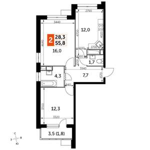 2-к квартира, строящийся дом, 56м2, 10/22 этаж