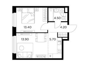 2-к квартира, строящийся дом, 42м2, 16/17 этаж