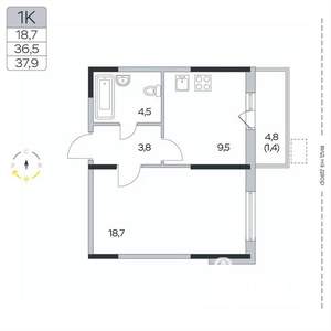 1-к квартира, вторичка, 38м2, 6/9 этаж