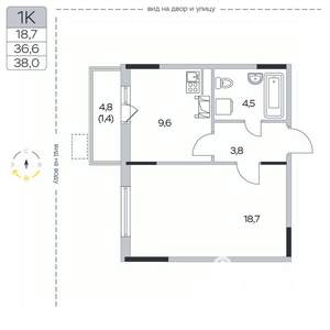 1-к квартира, вторичка, 38м2, 4/9 этаж