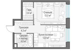 1-к квартира, строящийся дом, 38м2, 19/23 этаж