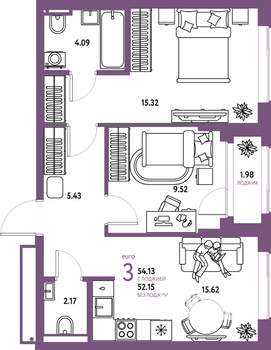 3-к квартира, строящийся дом, 54м2, 13/25 этаж