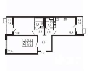 2-к квартира, вторичка, 66м2, 4/9 этаж