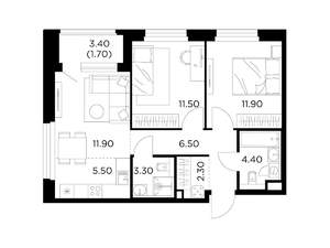 3-к квартира, строящийся дом, 59м2, 17/17 этаж