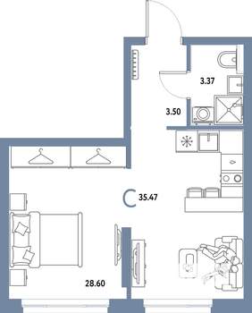 Студия квартира, строящийся дом, 35м2, 10/25 этаж