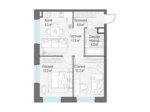 2-к квартира, строящийся дом, 52м2, 20/20 этаж