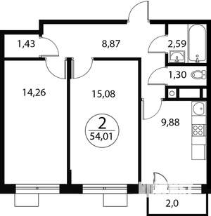 2-к квартира, строящийся дом, 54м2, 3/4 этаж