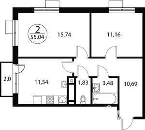2-к квартира, вторичка, 55м2, 2/4 этаж
