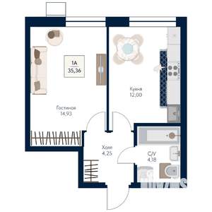 1-к квартира, строящийся дом, 35м2, 10/21 этаж