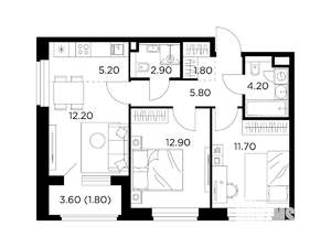 3-к квартира, строящийся дом, 59м2, 11/20 этаж