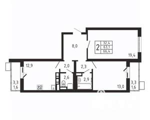 2-к квартира, вторичка, 66м2, 9/9 этаж