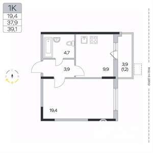 1-к квартира, вторичка, 39м2, 9/9 этаж
