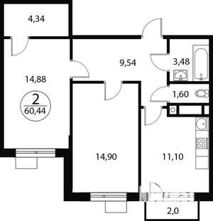 2-к квартира, вторичка, 60м2, 3/4 этаж