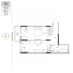 1-к квартира, строящийся дом, 47м2, 6/9 этаж
