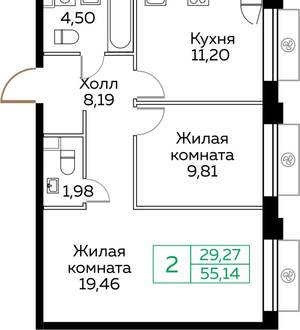 2-к квартира, вторичка, 55м2, 18/25 этаж