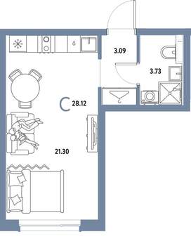 Студия квартира, вторичка, 28м2, 12/25 этаж