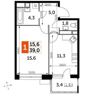 1-к квартира, строящийся дом, 39м2, 19/22 этаж