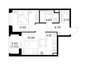 2-к квартира, строящийся дом, 43м2, 20/23 этаж