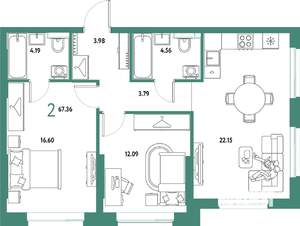 2-к квартира, строящийся дом, 67м2, 4/25 этаж