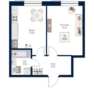 1-к квартира, вторичка, 39м2, 6/21 этаж