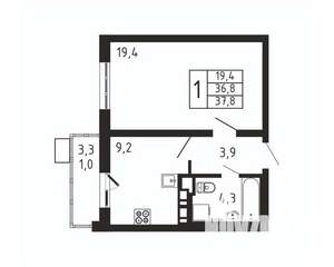 1-к квартира, вторичка, 38м2, 9/9 этаж
