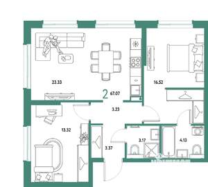 2-к квартира, строящийся дом, 67м2, 18/25 этаж