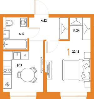 1-к квартира, строящийся дом, 32м2, 12/25 этаж