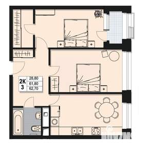 2-к квартира, строящийся дом, 62м2, 15/17 этаж