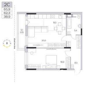 2-к квартира, строящийся дом, 62м2, 8/9 этаж