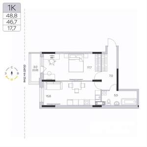 1-к квартира, вторичка, 47м2, 8/9 этаж