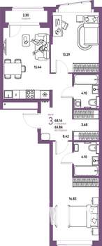 3-к квартира, строящийся дом, 68м2, 8/25 этаж