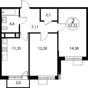 2-к квартира, вторичка, 52м2, 3/4 этаж