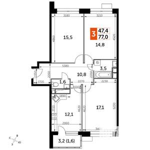 3-к квартира, строящийся дом, 77м2, 7/22 этаж