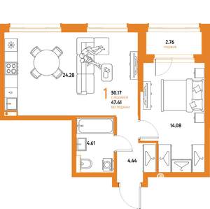1-к квартира, строящийся дом, 50м2, 16/25 этаж