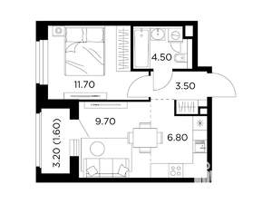 2-к квартира, строящийся дом, 38м2, 20/23 этаж