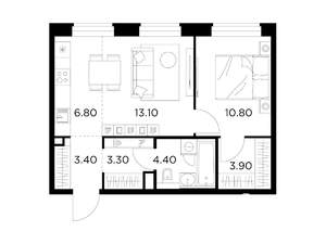2-к квартира, строящийся дом, 46м2, 12/17 этаж