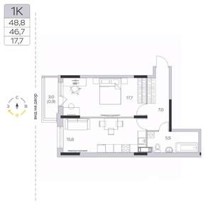 1-к квартира, строящийся дом, 47м2, 7/9 этаж