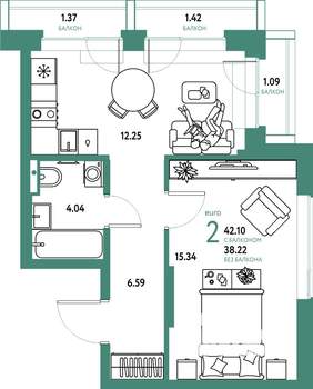 2-к квартира, вторичка, 42м2, 8/25 этаж