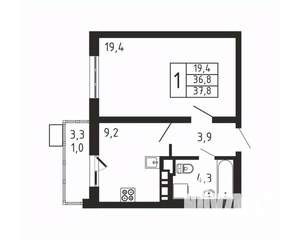 1-к квартира, вторичка, 38м2, 4/9 этаж