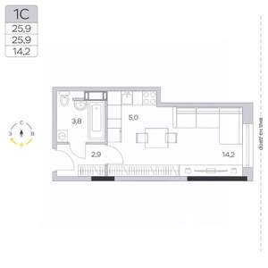 Студия квартира, строящийся дом, 26м2, 4/9 этаж