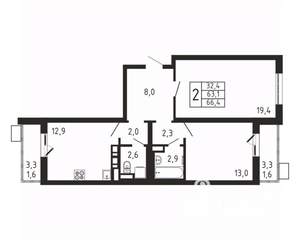 2-к квартира, вторичка, 66м2, 3/9 этаж